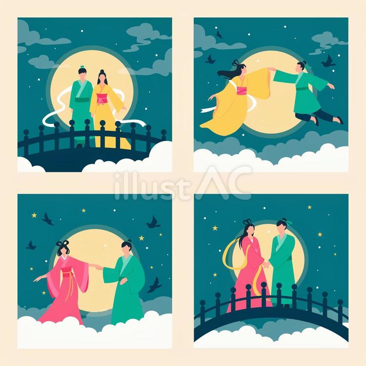 織姫と彦星の七夕セット 七夕,7月,7月7日のイラスト素材