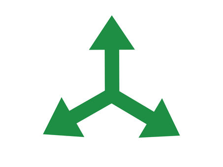 外向きに3方向を向く矢印3本（緑） 矢印,十字,三方,斜め,三叉路,分岐,岐路,分岐点,枝道,横道のイラスト素材