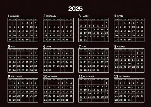 2025年の年間カレンダー日曜始まり_黒