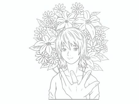 沢山のお花と若い女性(モノクロ)