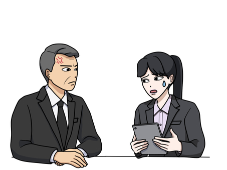 注意されて焦るスーツ女性と怒る中年上司 タブレット,プレゼン,スーツ,女性,注意,慌てる,指導,教育,反省,怒るのイラスト素材