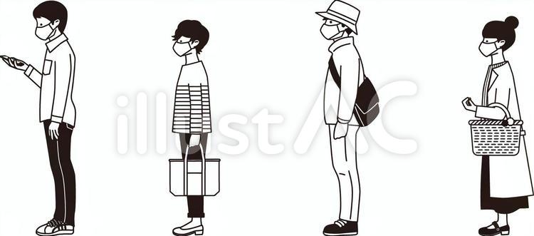 マスクをして並ぶ人 行列,マスク,ソーシャルディスタンスのイラスト素材