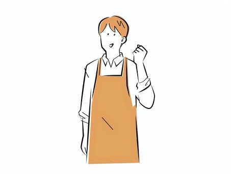 ガッツポーズをするエプロン姿の男性 人物,人,男,エプロン,ガッツポーズ,店員,店長,店主,上半身,笑顔のイラスト素材