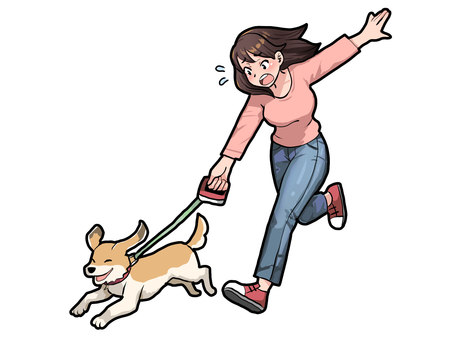 急にワンちゃんが 犬,散歩,リード,急発進,危ない,飼い主,ペット,女性のイラスト素材