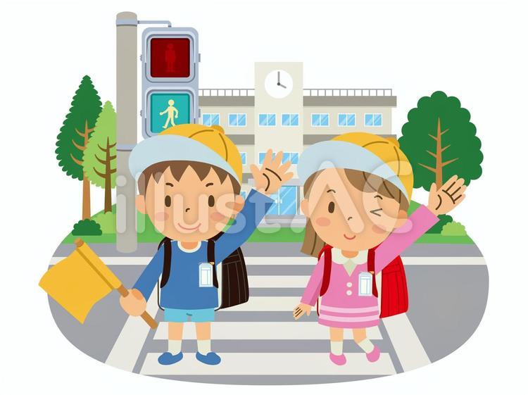 横断歩道を渡る小学生／校舎 横断歩道,下校,小学生のイラスト素材