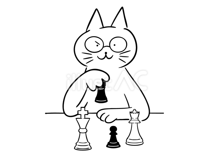 チェックメイトを仕掛ける猫（モノクロ） 猫,チェス,チェックメイトのイラスト素材