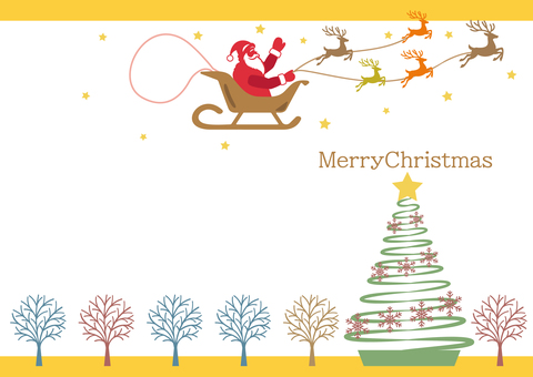 クリスマス■空飛ぶサンタのXmasカード クリスマス,クリスマスカード,サンタクロース,ソリー,トナカイ,クリスマスツリー,冬,12月24日,雪の結晶,星のイラスト素材