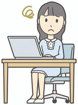  ワンピースお嬢様-332-全身 パソコン,困る,お嬢様,女性,女の子,オシャレ,人物,かわいい,悩む,考えるのイラスト素材