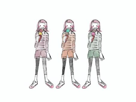 アイスを食べる3人の女の子 女の子,アイスクリーム,線画,おしゃれ,人物,シンプル,パステルカラー,くすみカラーのイラスト素材