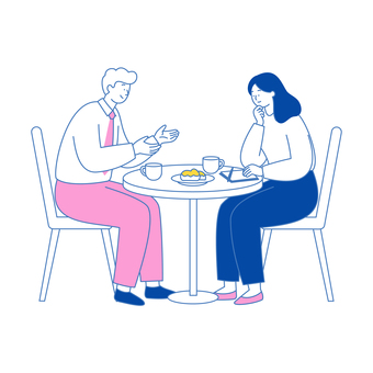 カフェで打ち合わせをするビジネス男女 カフェで打ち合わせをするビジネス男女 人物,男性,女性,会話,打ち合わせ,カフェ,コーヒー,テーブル,座る,ビジネスのイラスト素材