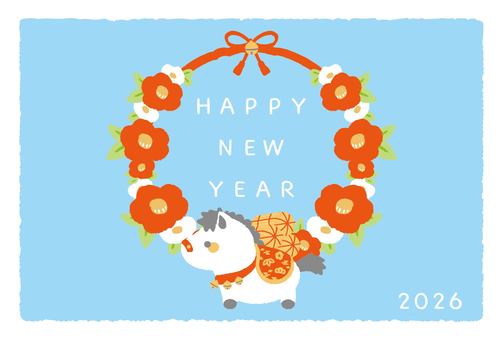 椿と白馬の年賀状テンプレート ウマ,動物,年賀状,2026年,植物,椿,テンプレート,午年,可愛い,干支のイラスト素材