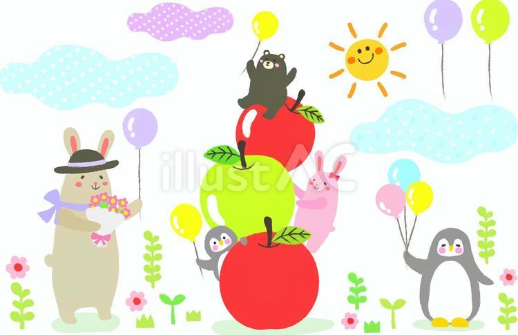 森の動物とりんご カラフル,動物,森のイラスト素材