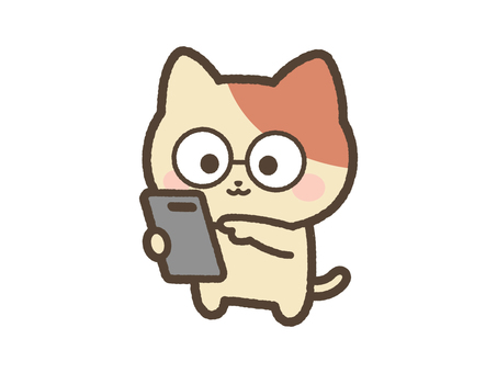 スマホを操作するねこ（メガネ） ねこ,スマホ,操作,触る,携帯,スマートフォン,日常,表情,かわいい,ゆるいのイラスト素材