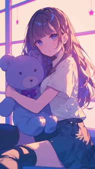 青いテディベアを抱える少女