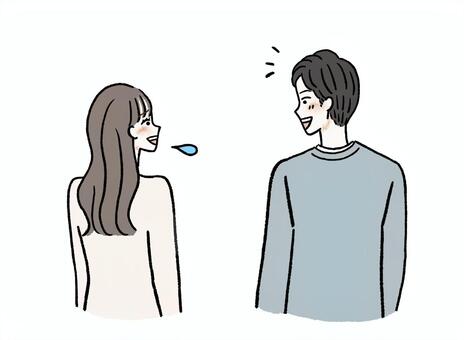 楽しそうな男性と苦笑いする女性 偶然,会う,デート,苦笑,苦笑い,愛想笑い,気まずい,困る,困り顔,苦手のイラスト素材