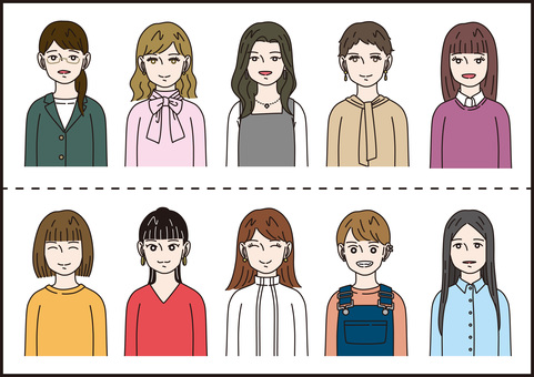 女性アイコンセット1_髪型/服装10種類 女性,人物,キャラクター,アイコン,イラスト,髪型,服装,バリエーション,セット,笑顔のイラスト素材