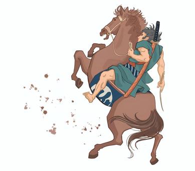 馬に乗る武者絵　歌川国芳より 馬,武者,国芳,立ち上がる,勢い,茶色,午,年賀,動物のイラスト素材