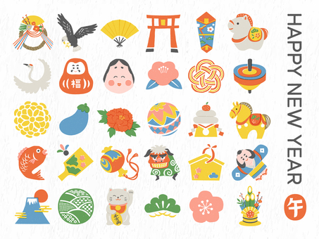 お正月・年賀状用イラストセット（午） 正月,午年,年賀状,和風,日本,アイコン,馬,午,手描き,冬のイラスト素材