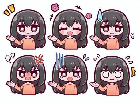 ロングヘア女の子手ポーズ6種漫符付き デフォルメ,手書き,少女,女,女性,表情,かわいい,ロングヘア,ポーズ,ジェスチャーのイラスト素材