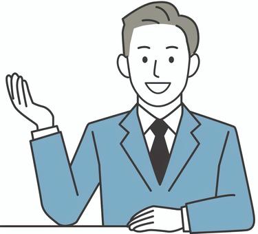 デスクに座って案内をするビジネスマン 人物,男性,会社員,こちら,どうぞ,案内,商用利用可,受付,挿絵,透過のイラスト素材
