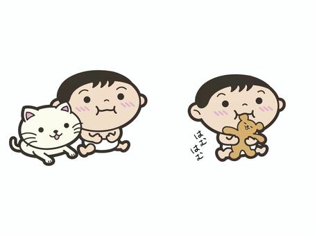 あかちゃん（ねことぬいぐるみ） 赤ちゃん,乳児,0歳,おむつ,かわいい,おすわり,ねこ,くま,ぬいぐるみ,育児のイラスト素材