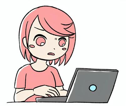 桃色の女の子　パソコンの前でしかめっ面 ピンク,かわいい,手描き,女の子,女性,若い女性,ピンク髪,キャラクターイラスト,デフォルメ,シンプルイラストのイラスト素材