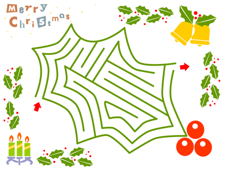 ヒイラギの葉の迷路 迷路,かわいい,ヒイラギ,クリスマス,鐘,ろうそく,楽しい,明るいのイラスト素材