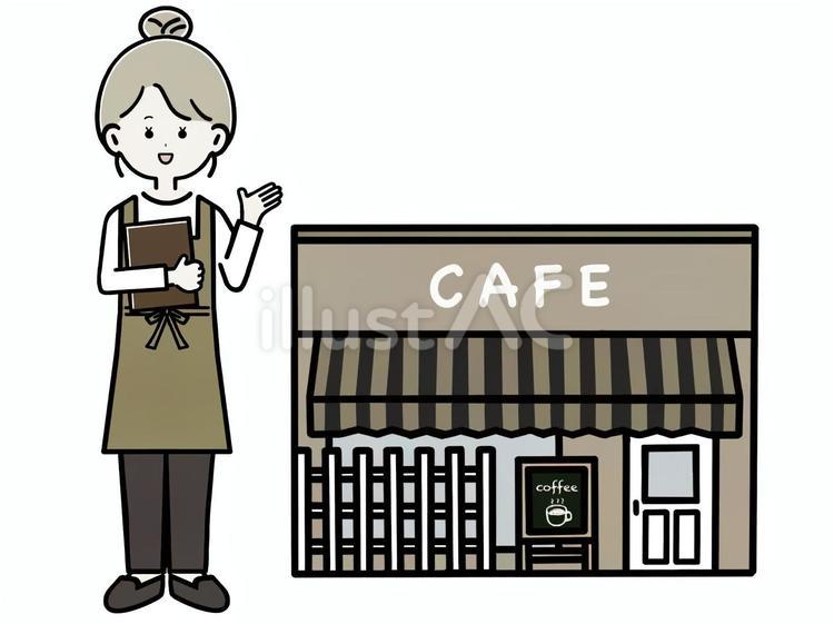 カフェと女性のカフェ店員　全身 カフェ,外観,カフェ店員のイラスト素材