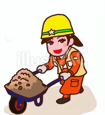 一輪車で土砂を運ぶ女子作業員