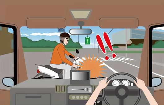 交通事故-原付 交通事故,運転,ドライバー,車内,原付,男性,接触,自動車,道路,風景のイラスト素材