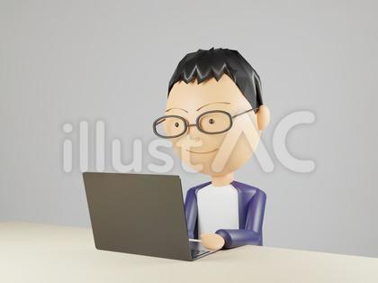 パソコンで仕事をするメガネの中年男性