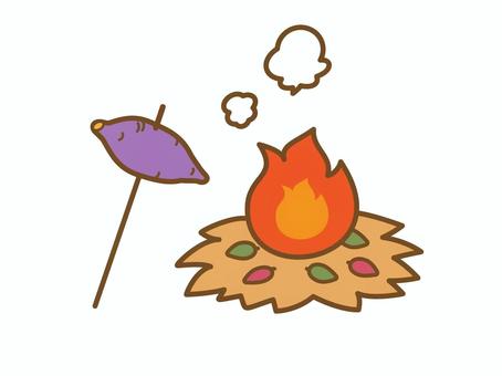 落ち葉の焚き火と焼きいものイラスト 焼き芋,焚き火,さつまいも,落ち葉焼き,焼く,アウトドア,火,炎,秋,冬のイラスト素材
