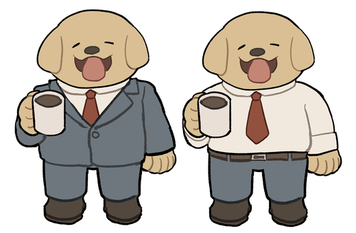 コーヒーを飲むいぬ 犬,動物,コーヒー,ゴールデンレトリバー,サラリーマン,スーツ,マグカップ,一息,デフォルメのイラスト素材
