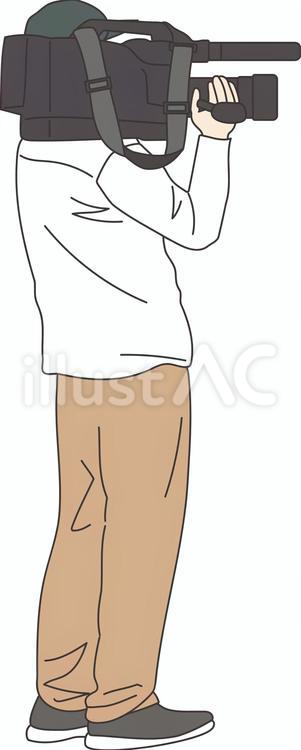 テレビ用のカメラを担いだカメラクルーの男 カメラ,カメラマン,取材のイラスト素材