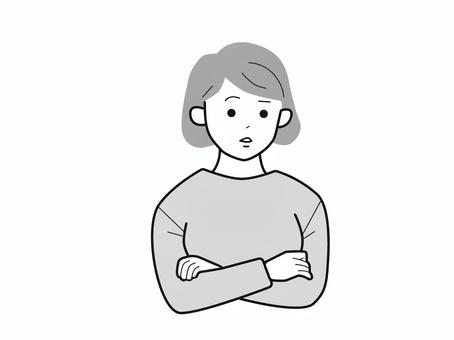 話を聞き悩み考える女性2／白黒 上半身,長袖,腕組み,聞く,考える,女性,お母さん,ママ,学生,社会人のイラスト素材