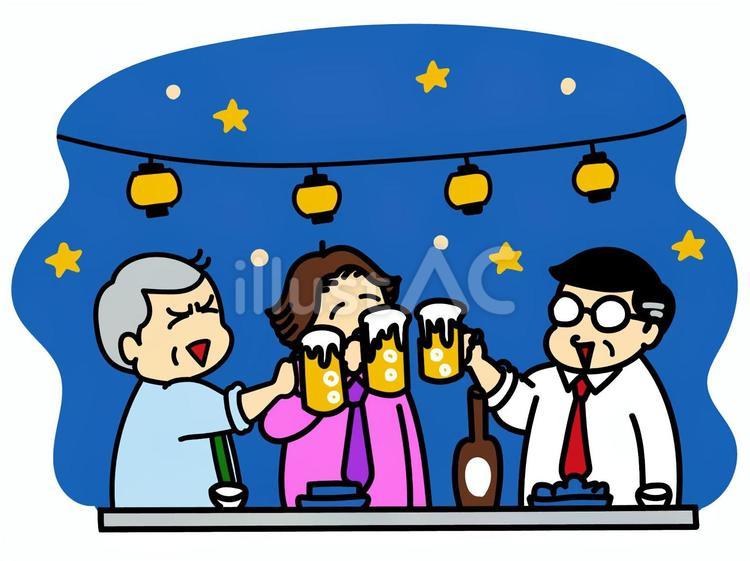ビアガーデンで乾杯をする中年の男性 ビアガーデン,乾杯,夏のイラスト素材