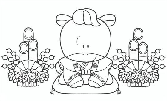 お正月の馬の白黒手描きイラスト2 馬,白黒,正月,門松,手描き,午,午年,干支,かわいい,正座のイラスト素材