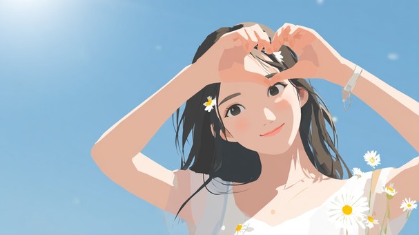 青空の下でハートポーズをする女の子