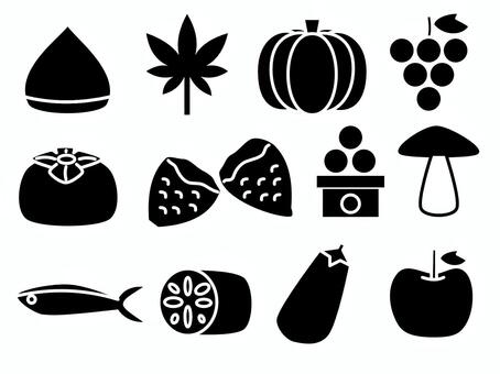 秋のアイコンセット　黒 栗,もみじ,かぼちゃ,ぶどう,柿,やきいも,月見団子,キノコ,さんま,れんこんのイラスト素材