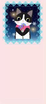 一筆箋　はちわれ猫とマフラー2 猫,はちわれ,子猫,動物,雪,結晶,マフラー,花,植物,カードのイラスト素材