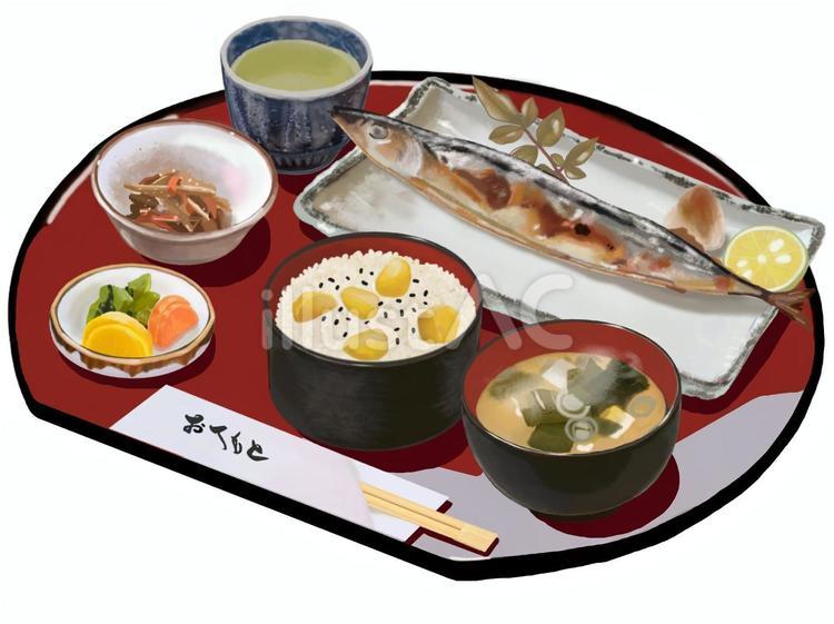 さんまの塩焼き定食A半月盆1栗（箸付き） 秋刀魚,塩焼き,栗のイラスト素材