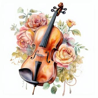 Illustration, violin, rose, watercolor, 