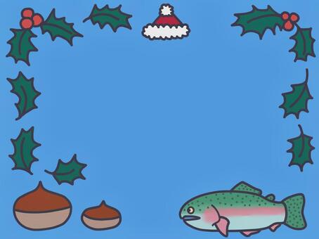 栗と虹鱒のクリスマスフレーム クリスマス,フレーム,栗,メッセージカード,サンタ帽,柊,お魚,かわいい,12月,ダジャレのイラスト素材