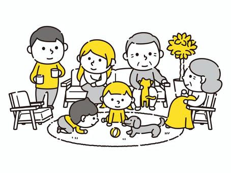 リビングでペットと過ごす6人家族 リビングでペットと過ごす6人家族 人物,家族,3世代,2世帯,ファミリー,犬,猫,ペット,動物,リビングのイラスト素材