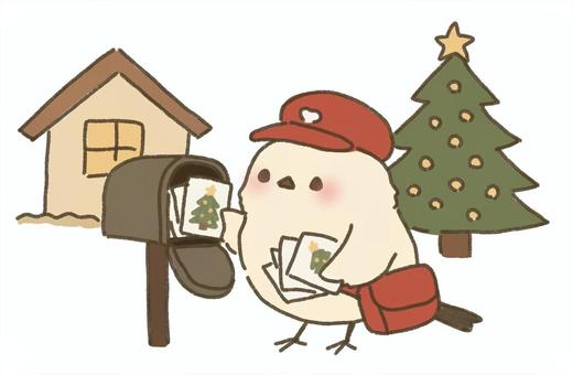 クリスマスカードを届けるシマエナガ クリスマス,ポストカード,はがき,グリーティングカード,クリスマスツリー,星,家,建物,住居,ポストのイラスト素材