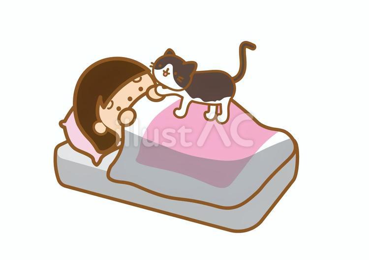 女の子の睡眠を邪魔する猫 猫,ねこ,ネコのイラスト素材