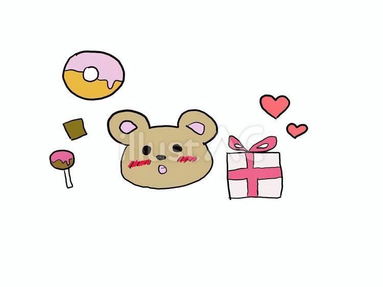 手描きのクマセット くま,プレゼント,ドーナツのイラスト素材