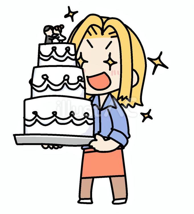 ケーキと目を輝かせる金髪女性 ウェディングケーキ,きらきら,羨ましいのイラスト素材