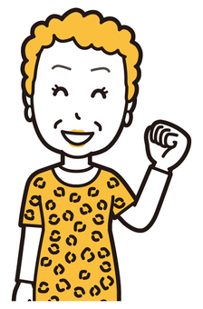  大阪のおばちゃん(黄)-182-バスト ガッツポーズ,おばちゃん,大阪,ヒョウ柄,おばはん,中年,女性,関西,派手,おばさんのイラスト素材