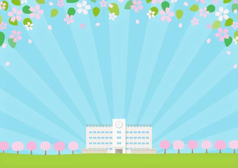 桜と学校01 桜,学校,校舎,校庭,春,卒業,入学,花,背景,イラストのイラスト素材
